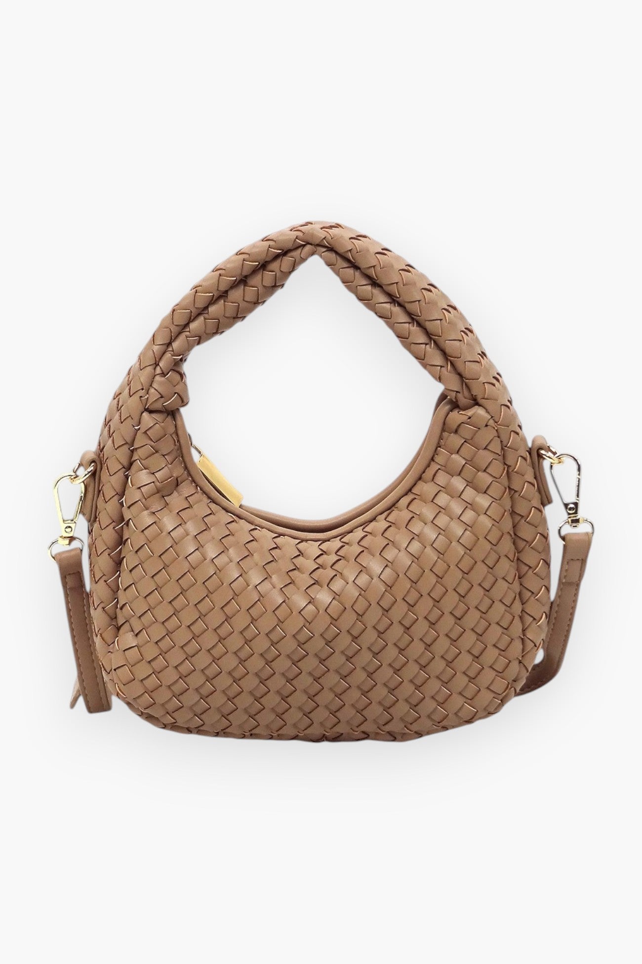 Front view of a woven mini hobo shoulder bag in faux leather with a stylish boho design. Includes a detachable strap and gold-tone accents.