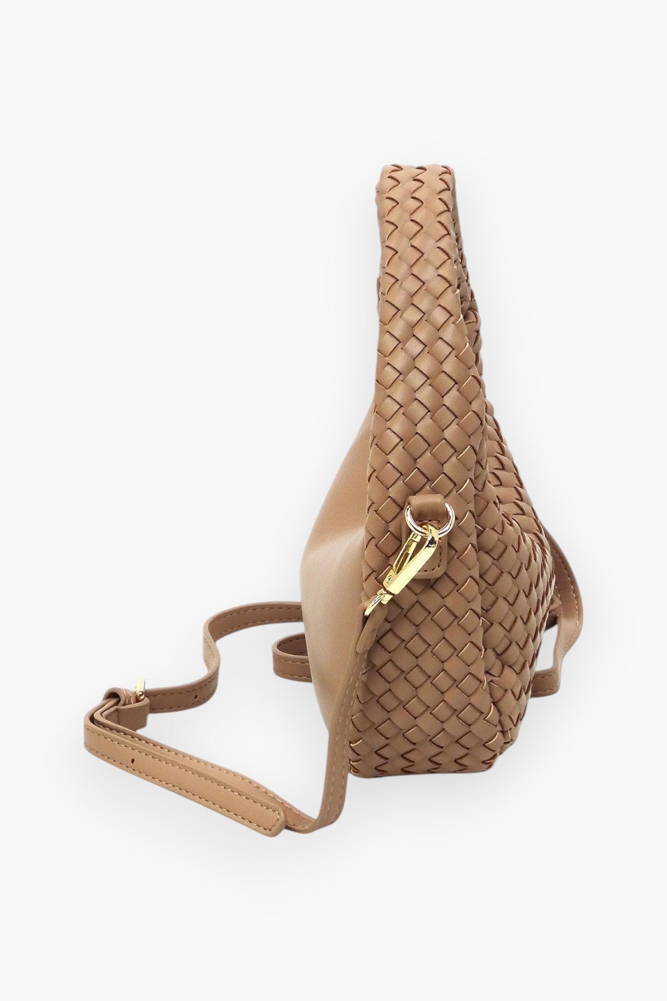 Side profile of a tan woven mini hobo shoulder bag showcasing its structured shape and detachable shoulder strap with gold-tone clasps.