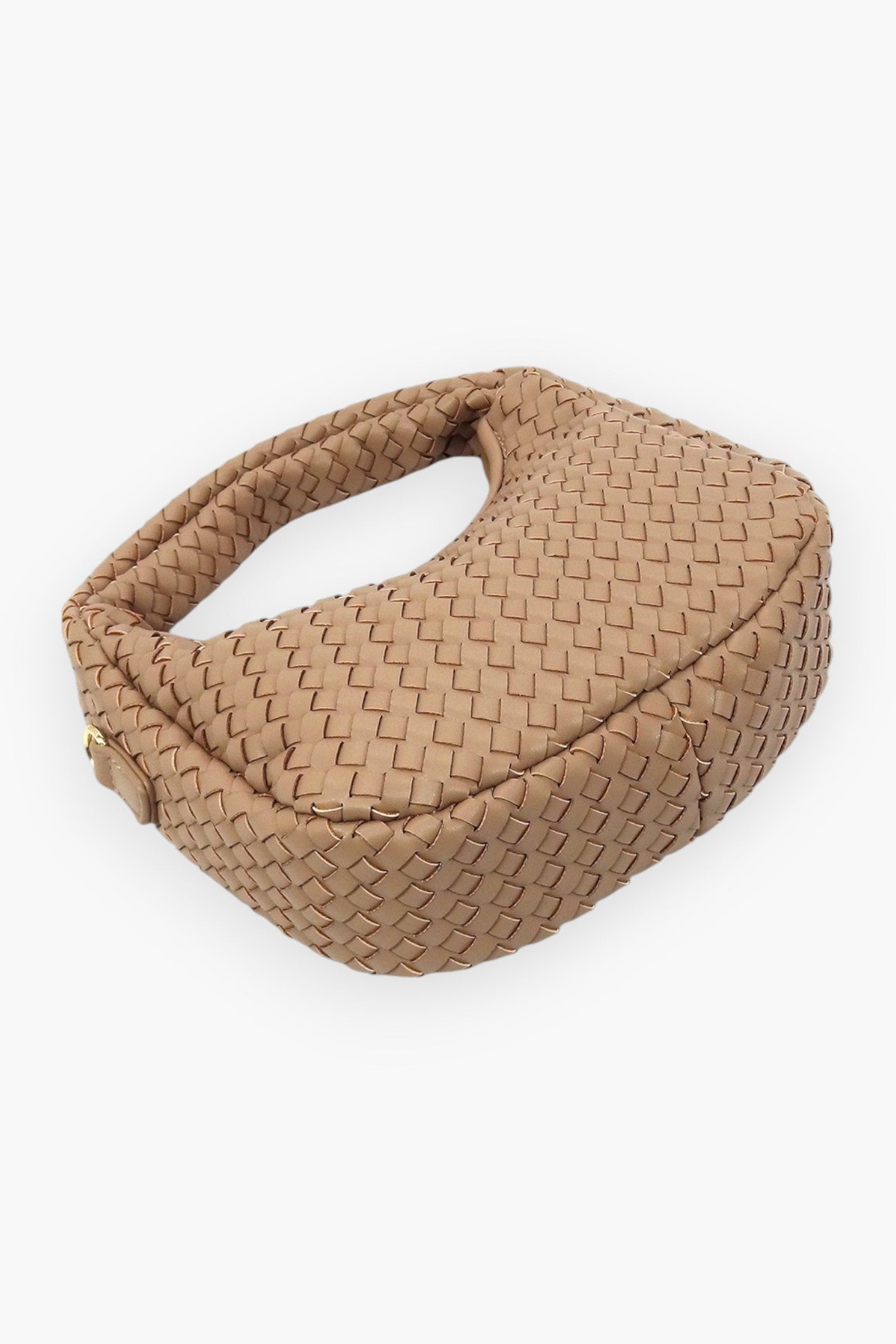 Bottom view of a woven mini hobo shoulder bag in vegan leather, highlighting its sturdy base and intricate woven texture.