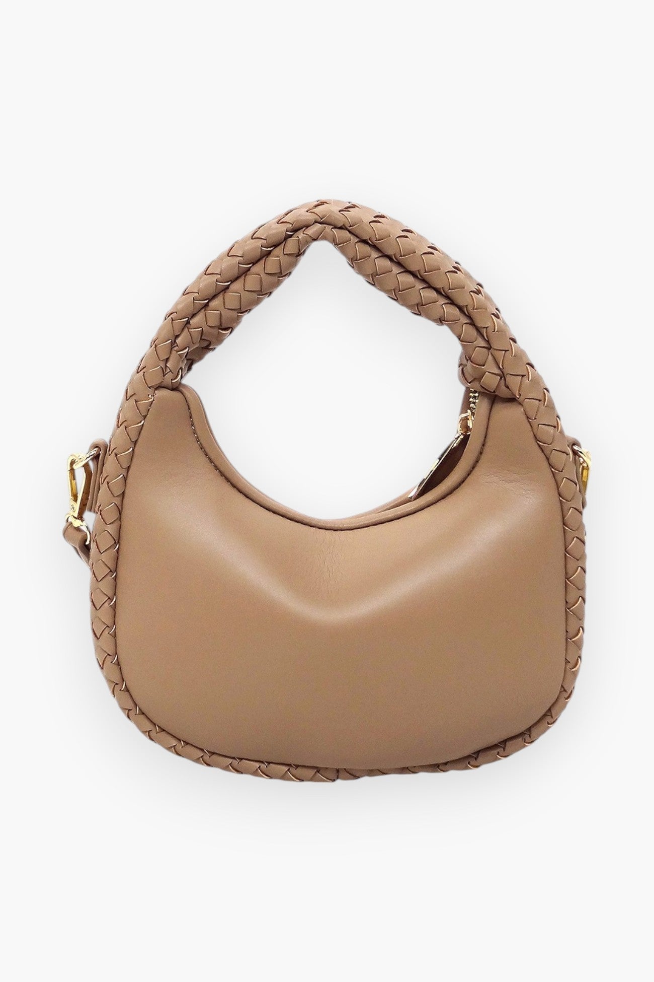 Back view of a woven mini hobo shoulder bag featuring a smooth faux leather panel and a stylish woven handle for a chic boho look.