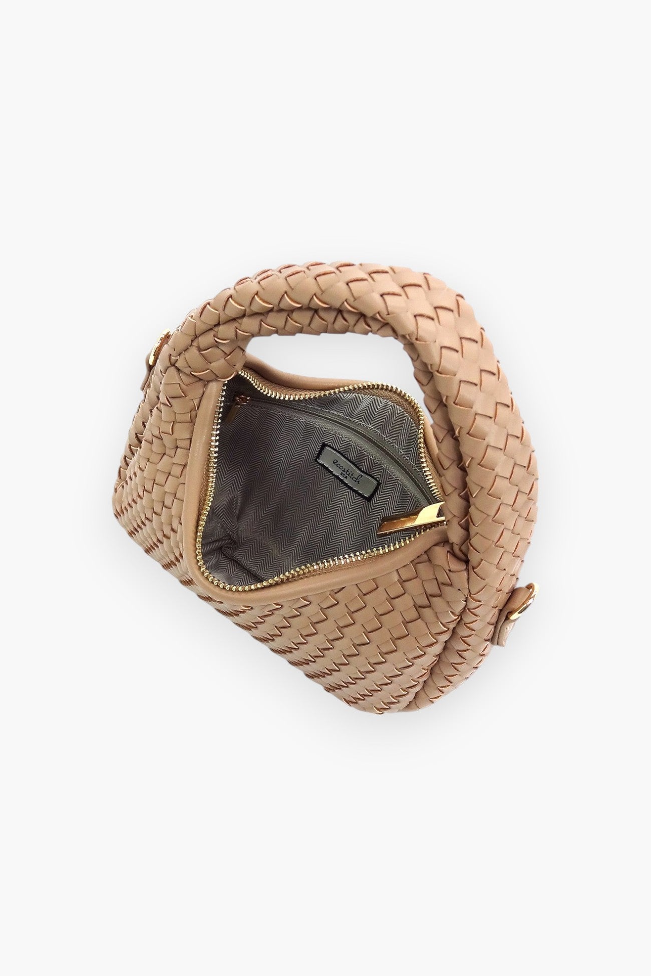 Interior view of a woven mini hobo shoulder bag with a zip-top closure, fabric lining, and an inner pocket for organized storage.