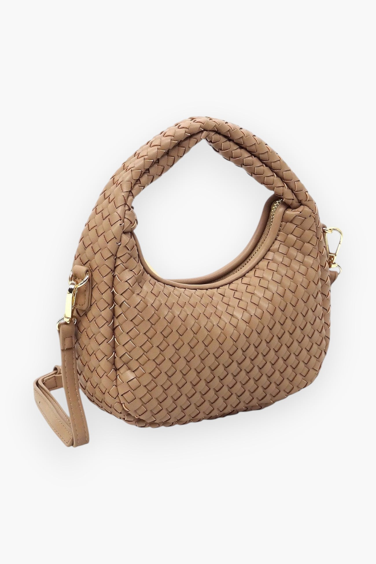 Vegan leather woven mini hobo shoulder bag in tan with gold-tone hardware and detachable strap. Features a zip-top closure for secure storage.