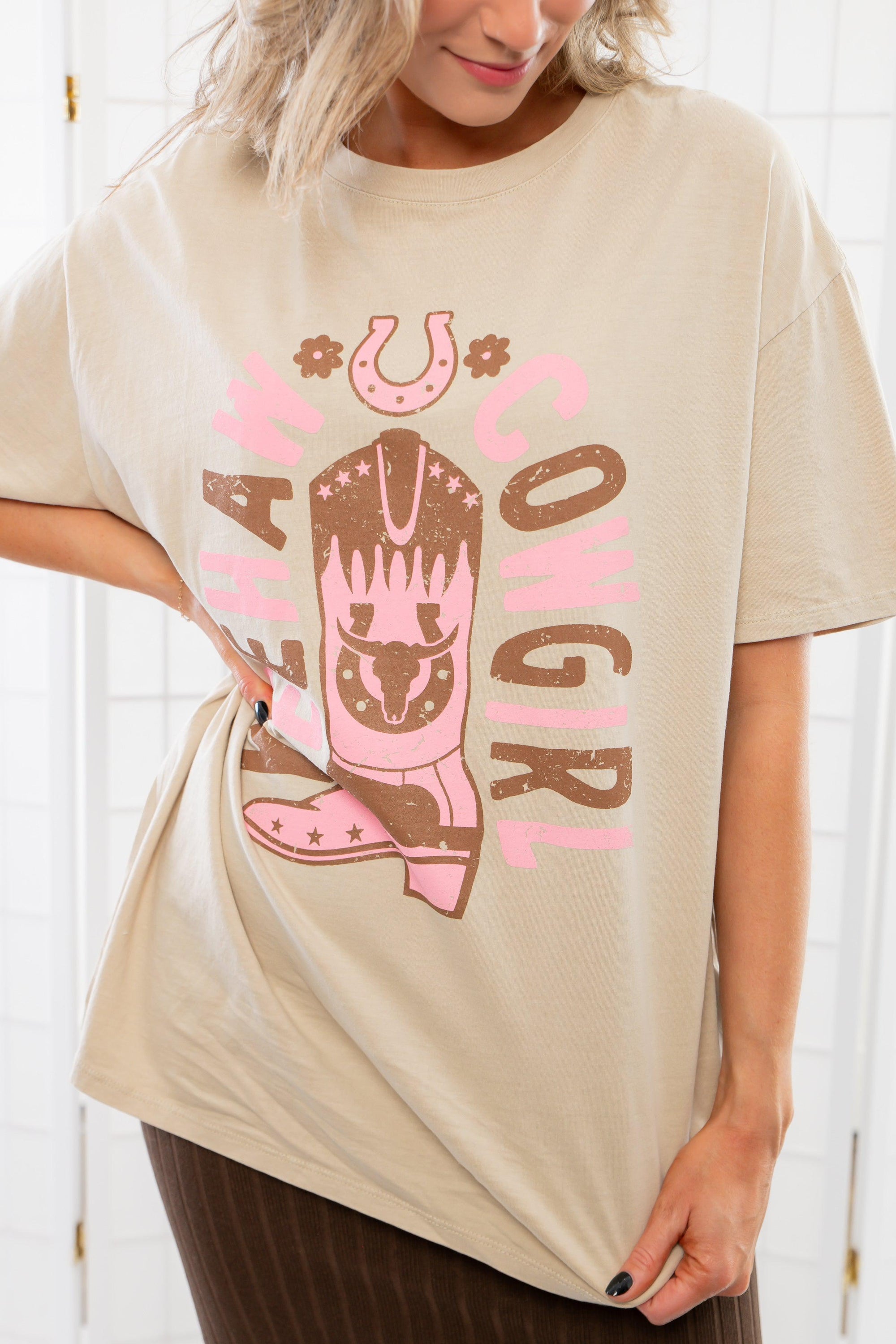 Yeehaw Cowgirl Taupe Oversized Graphic Tee-Tops-Tres Bien-L. Mae Boutique & Wild Mabel Clothing