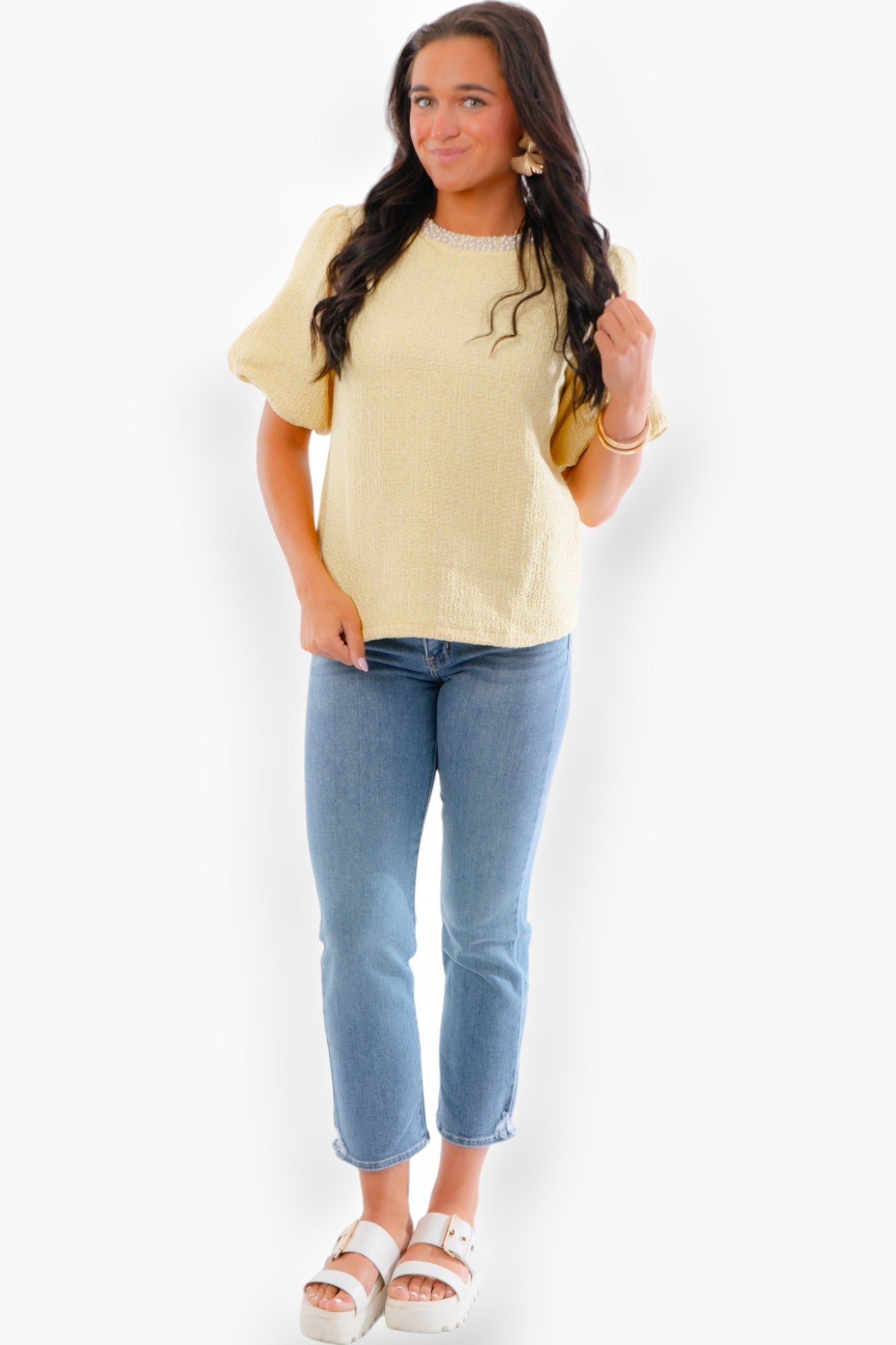 Yellow Pearl Trim Bubble Sleeve Tweed Top-Tops-Voy-L. Mae Boutique & Wild Mabel Clothing