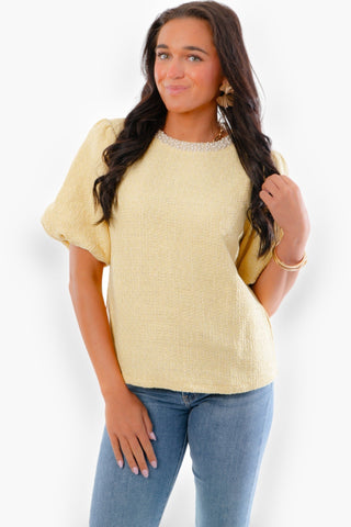 Yellow Pearl Trim Bubble Sleeve Tweed Top-Tops-Voy-L. Mae Boutique & Wild Mabel Clothing