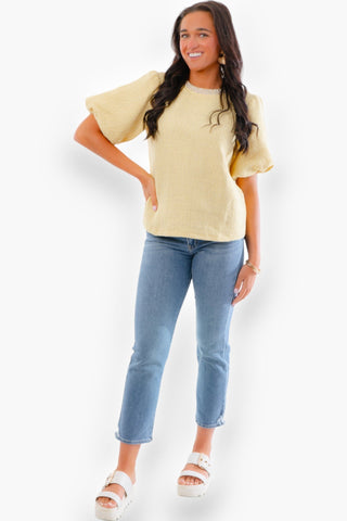 Yellow Pearl Trim Bubble Sleeve Tweed Top-Tops-Voy-L. Mae Boutique & Wild Mabel Clothing