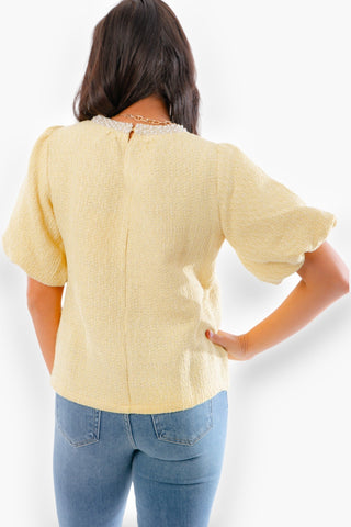 Yellow Pearl Trim Bubble Sleeve Tweed Top-Tops-Voy-L. Mae Boutique & Wild Mabel Clothing