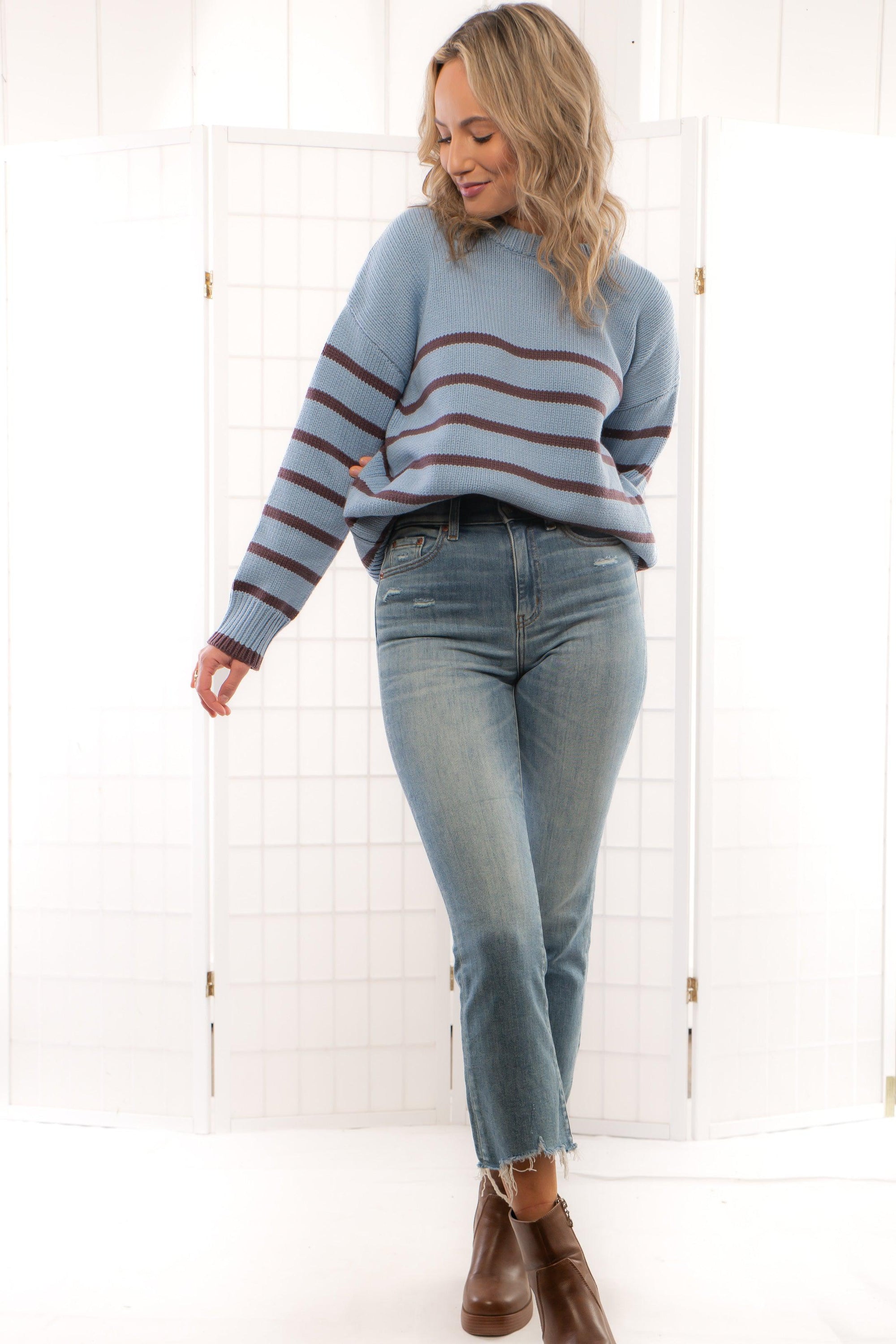 Z Supply Light Denim Boyfriend Stripe Sweater-Tops-Z Supply-L. Mae Boutique & Wild Mabel Clothing