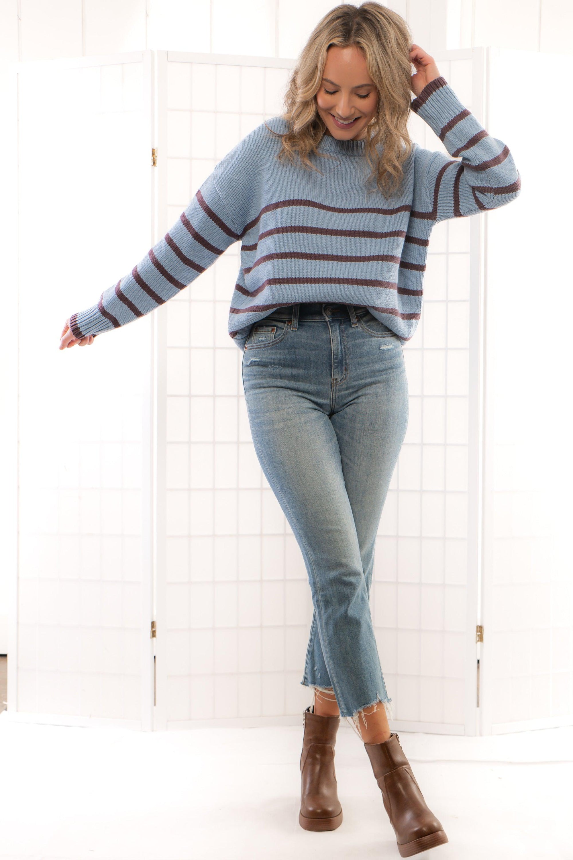 Z Supply Light Denim Boyfriend Stripe Sweater-Tops-Z Supply-L. Mae Boutique &amp; Wild Mabel Clothing