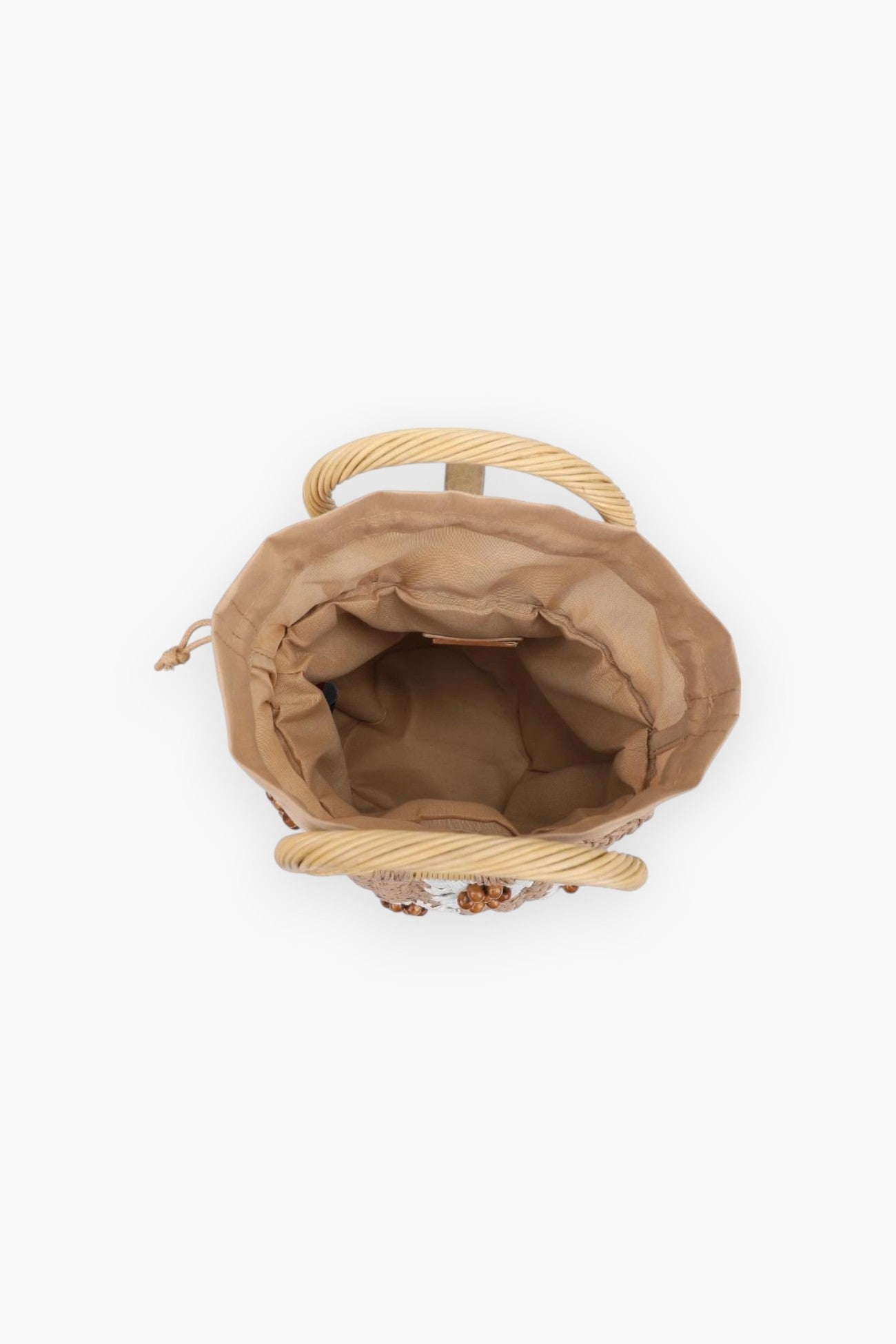 Interior view of the UE Natural Emaline Satchel Purse featuring a spacious tan drawstring pouch for secure and stylish storage.