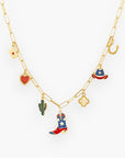 Bright Western Charm Necklace featuring USA-themed charms like cowboy boots, hats, and cactus on a gold chain, ideal for country concerts.
