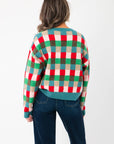 Back view of the Holiday Check Knit Sweater featuring a vibrant blue, red, and green check design with ribbed hem and cuffs.