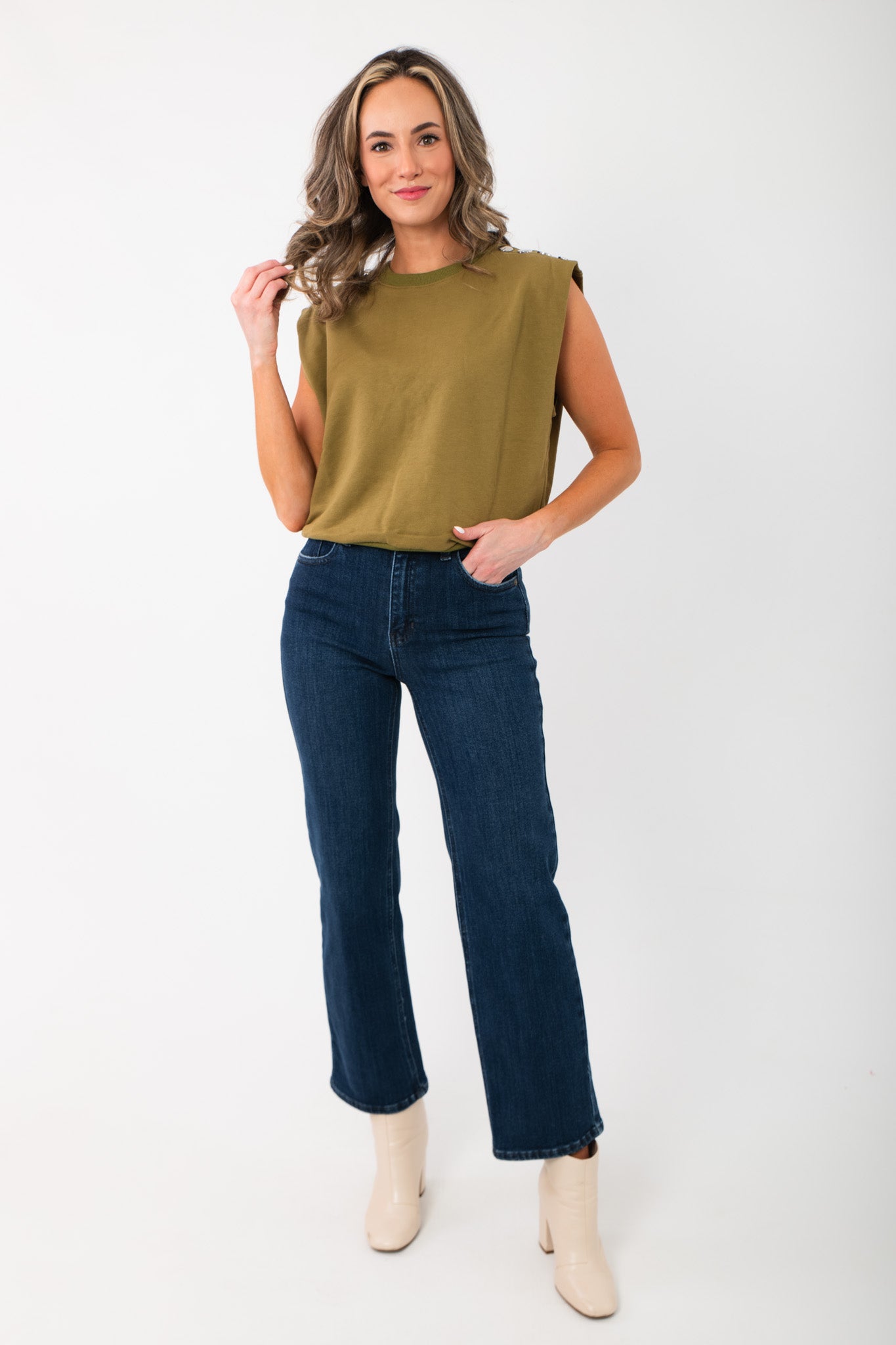 Full front view of Bennett Dark Denim Straight Leg Jean – high waist winter denim paired with sleeveless top and boots.