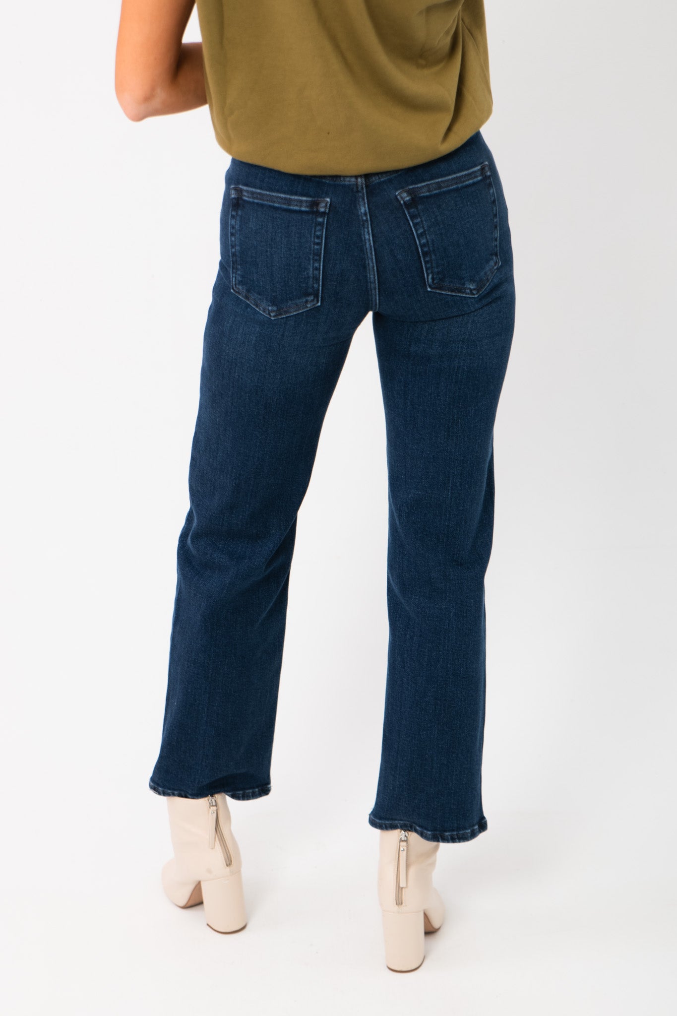 Back view of Bennett Dark Denim Straight Leg Jean highlighting rear pocket design and structured dark wash denim.