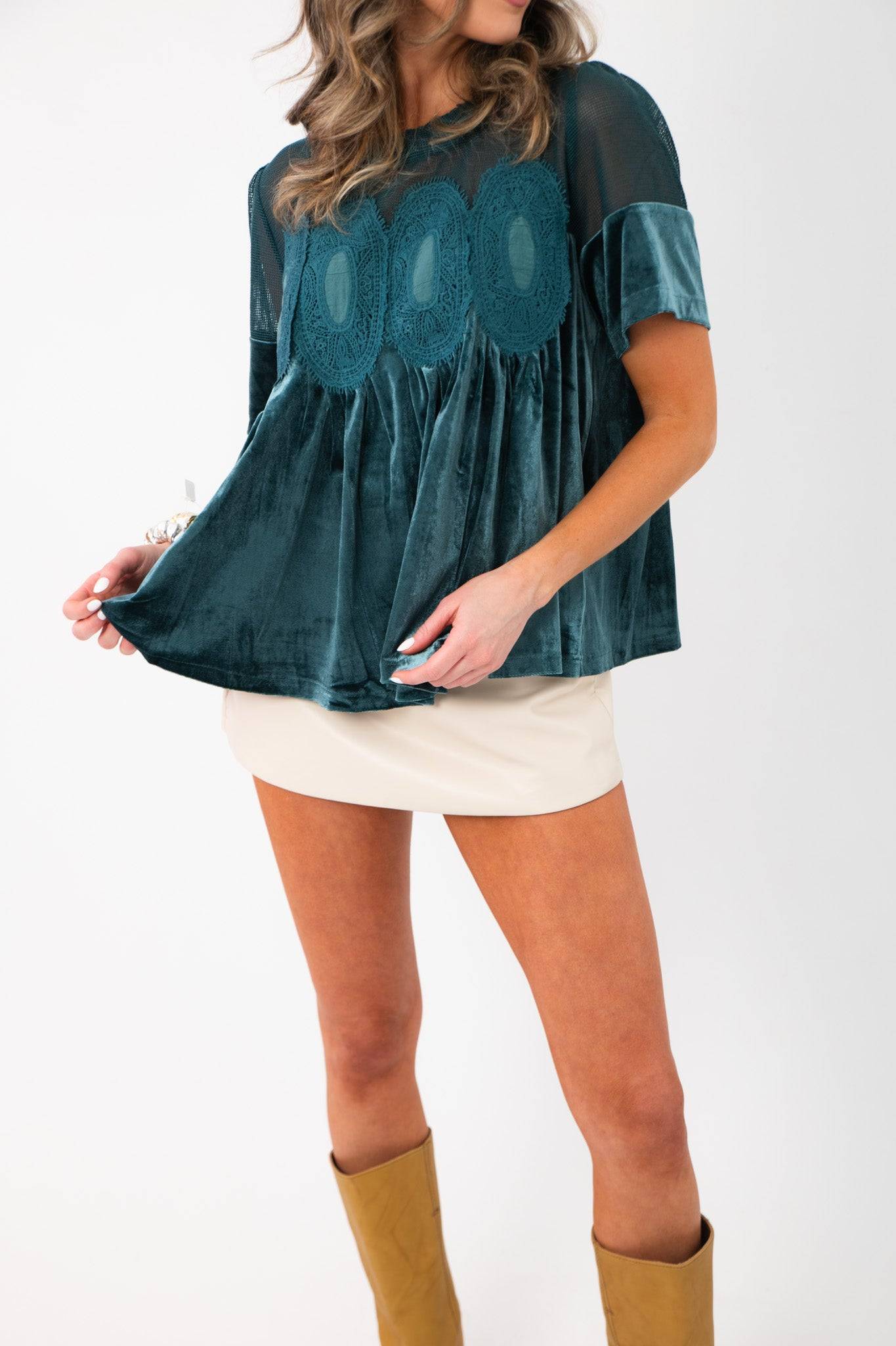 Close-up of Lacy Teal Velvet Babydoll Top highlighting lace mesh detail and flowy velvet fabric, ideal for holiday and workwear styling.