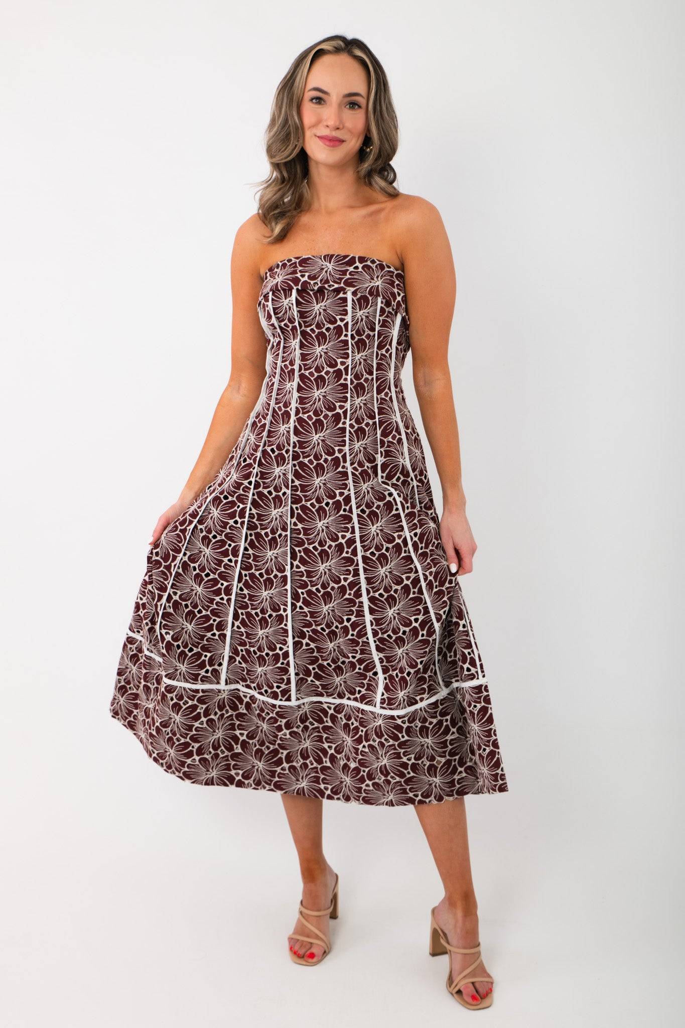 Elegant Scarlet Garden Floral Strapless Dress featuring burgundy floral embroidery and a fitted waist, perfect for weddings or winter events.