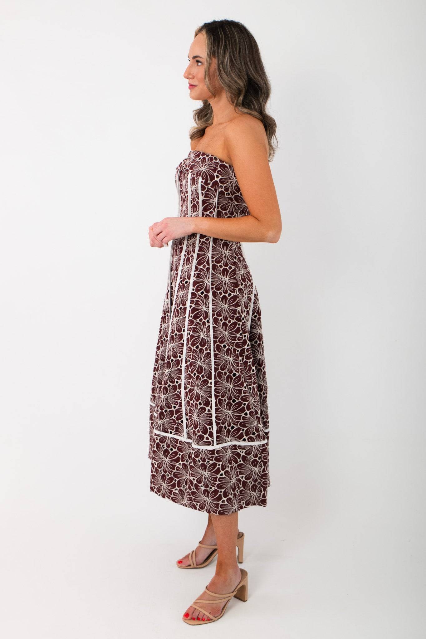 Side profile of the Scarlet Garden Floral Strapless Dress showcasing its elegant fold-over neckline and mid-length hemline.