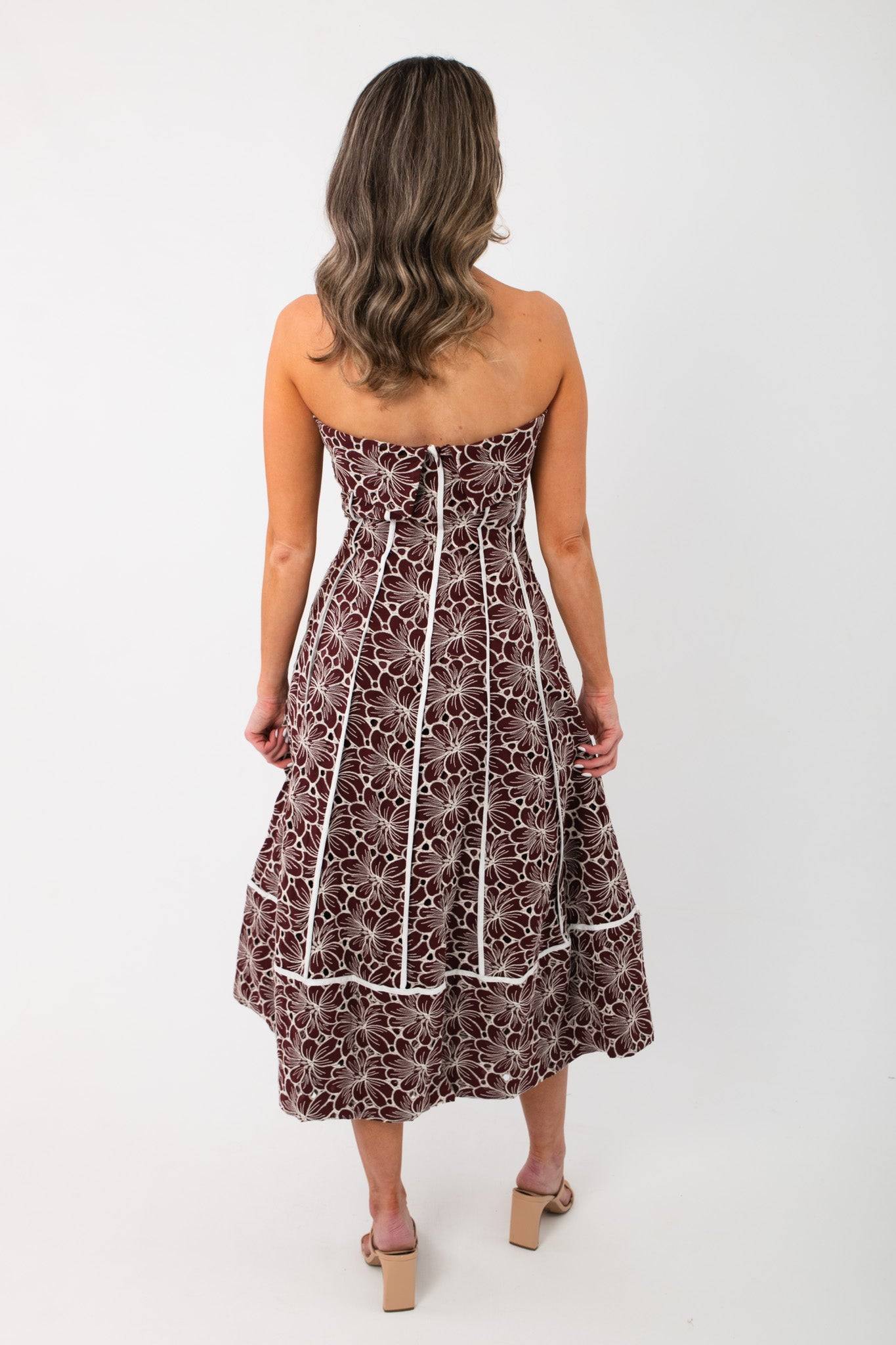 Back view of the Scarlet Garden Floral Strapless Dress showing detailed white piping and a flattering A-line silhouette.