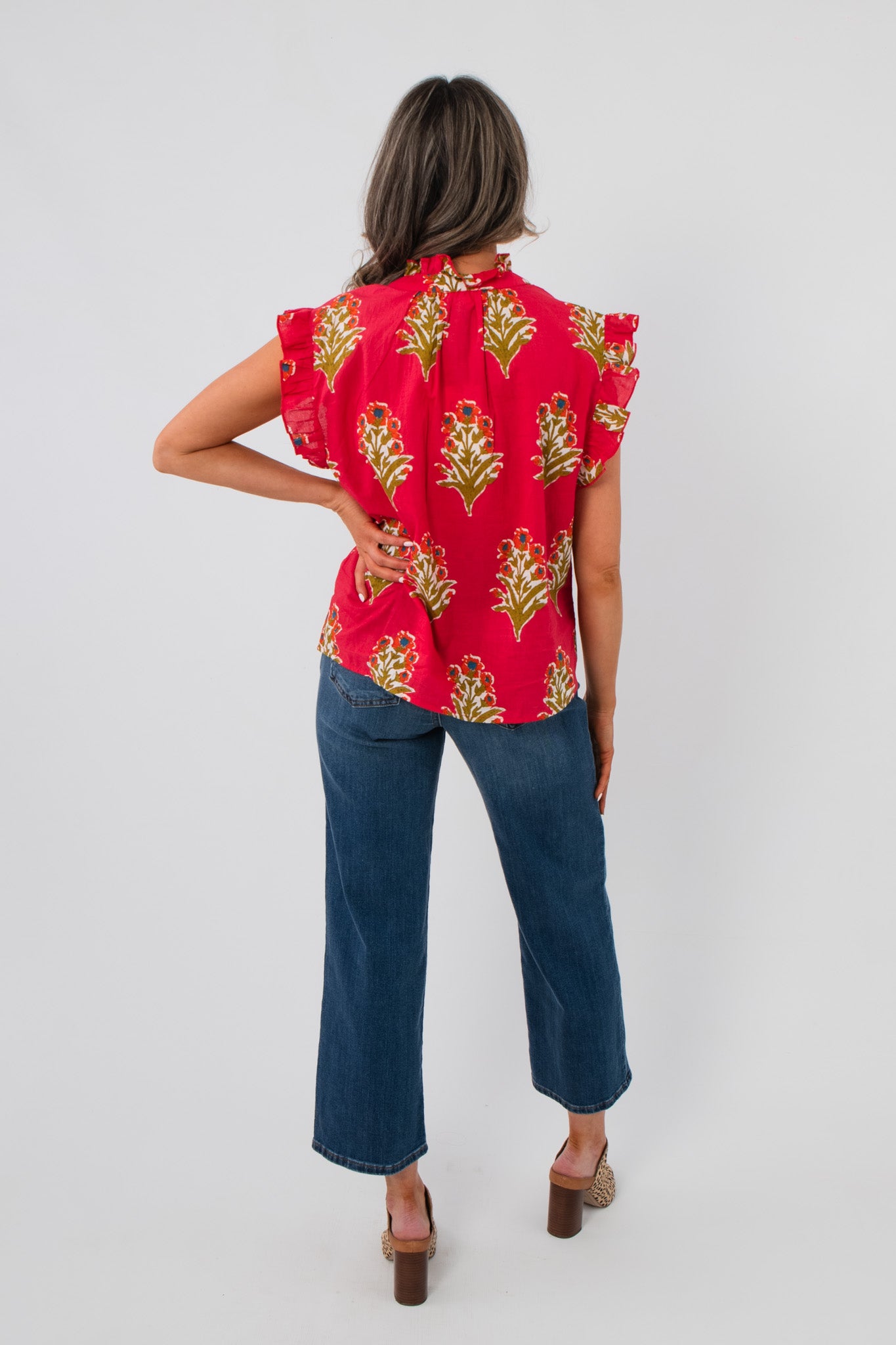 Back view of THML Magenta Floral Block Print Top highlighting floral block pattern and flowy silhouette, perfect for spring styling.