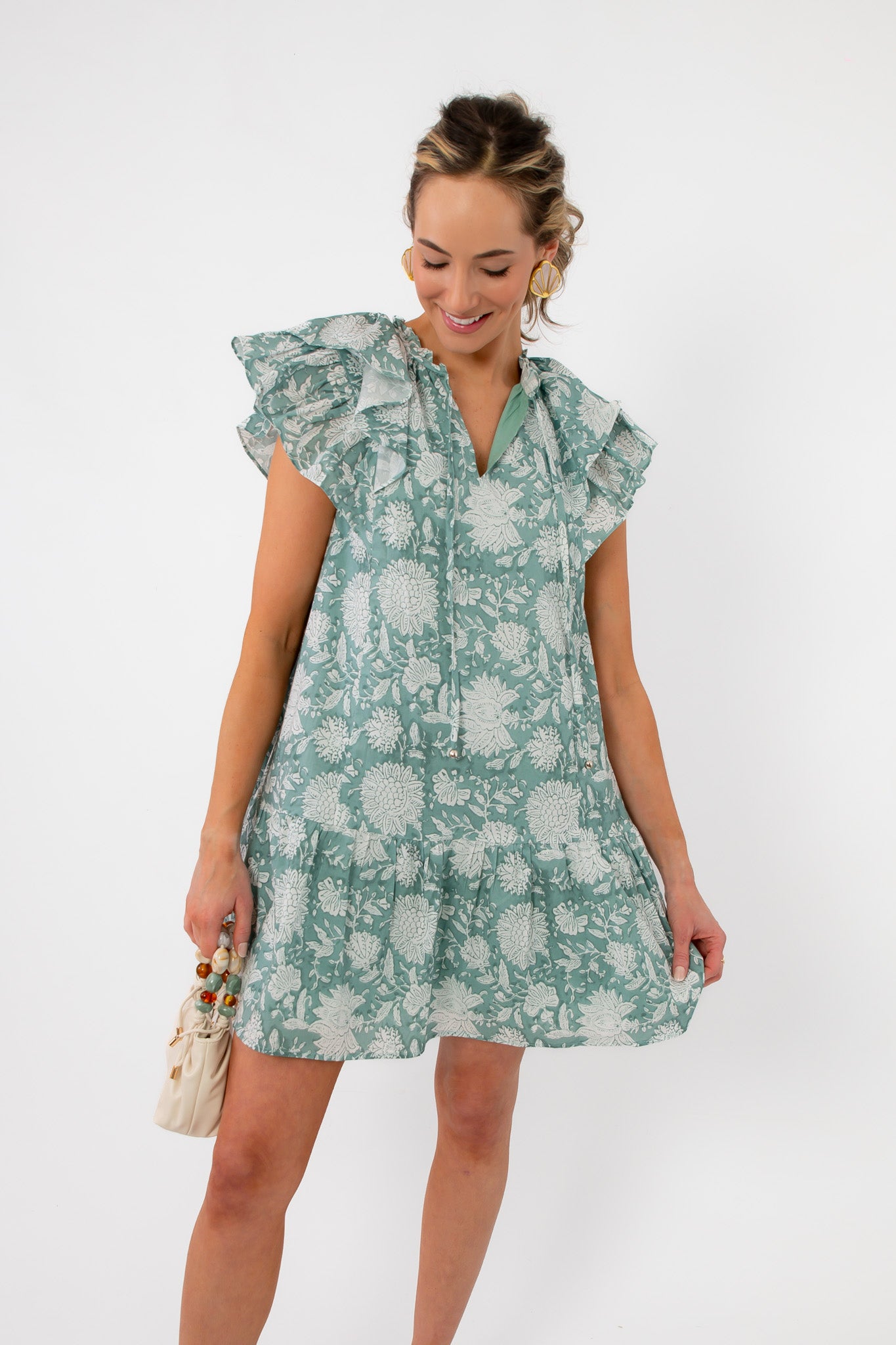 Sullivan Seafoam Garden Bloom Ruffle Dress with floral print and tiered skirt, perfect for casual spring and summer wear.
