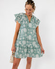 Sullivan Seafoam Garden Bloom Ruffle Dress with floral print and tiered skirt, perfect for casual spring and summer wear.