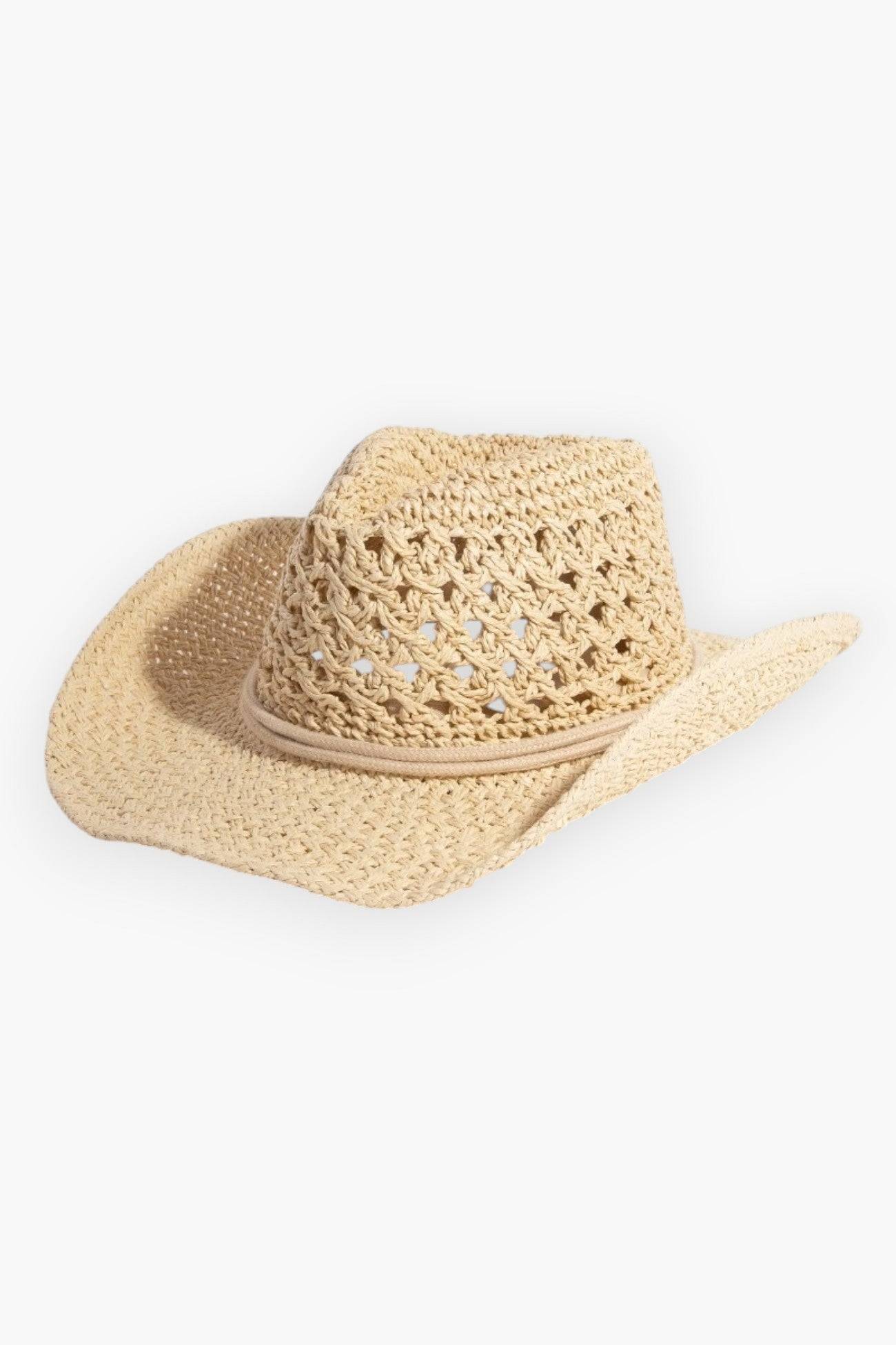 Ride the Waves Ivory Straw Cowboy Hat with an airy woven design, curved brim, and a stylish band for a breezy, beach-ready look.