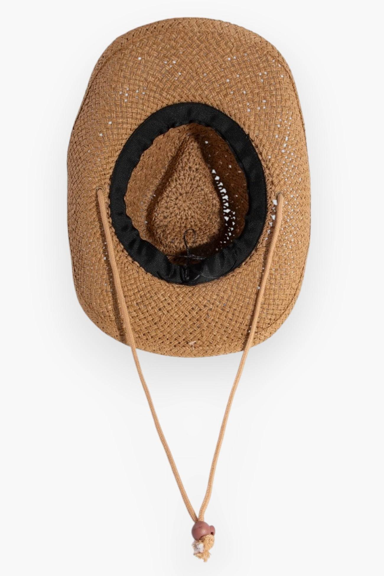 Interior view of the Ride the Waves Ivory Straw Cowboy Hat, featuring an adjustable rope chin strap and a comfortable black sweatband.