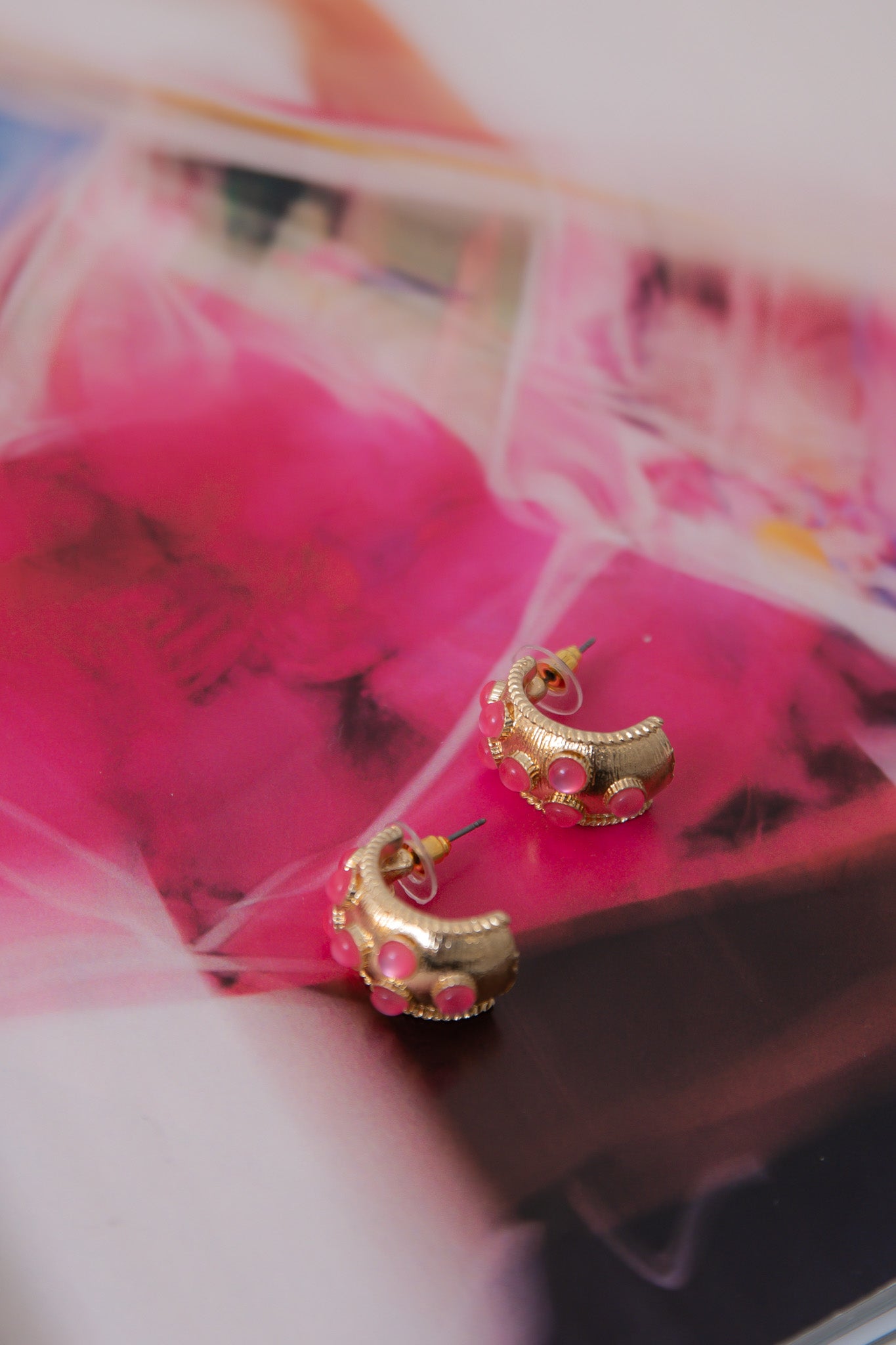 Chunky Pink Gemstone Gold Hoops featuring bold pink accents and textured gold finish, ideal for trendy, comfortable daily accessorizing.