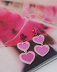 Pink 3 Heart Mirrored Earrings