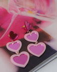 Pink 3 Heart Mirrored Earrings
