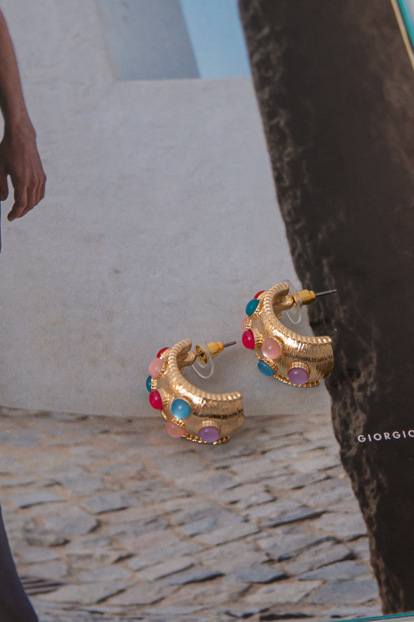 Gold Gemstone Hoop Earrings featuring colorful round gems and a textured finish. Trendy, lightweight design for daily wear and comfort.