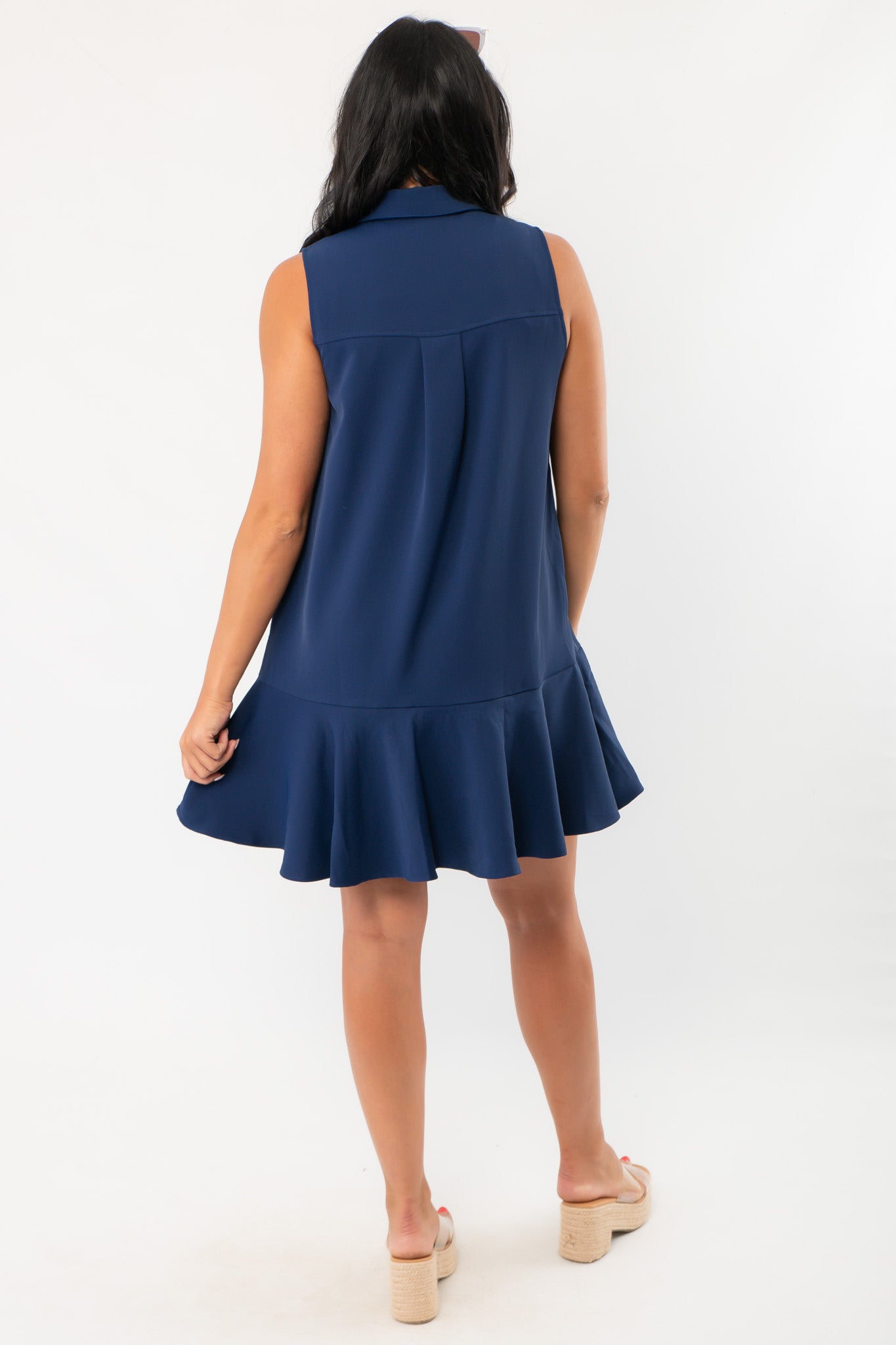 Navy Textured Collared Casual Dress