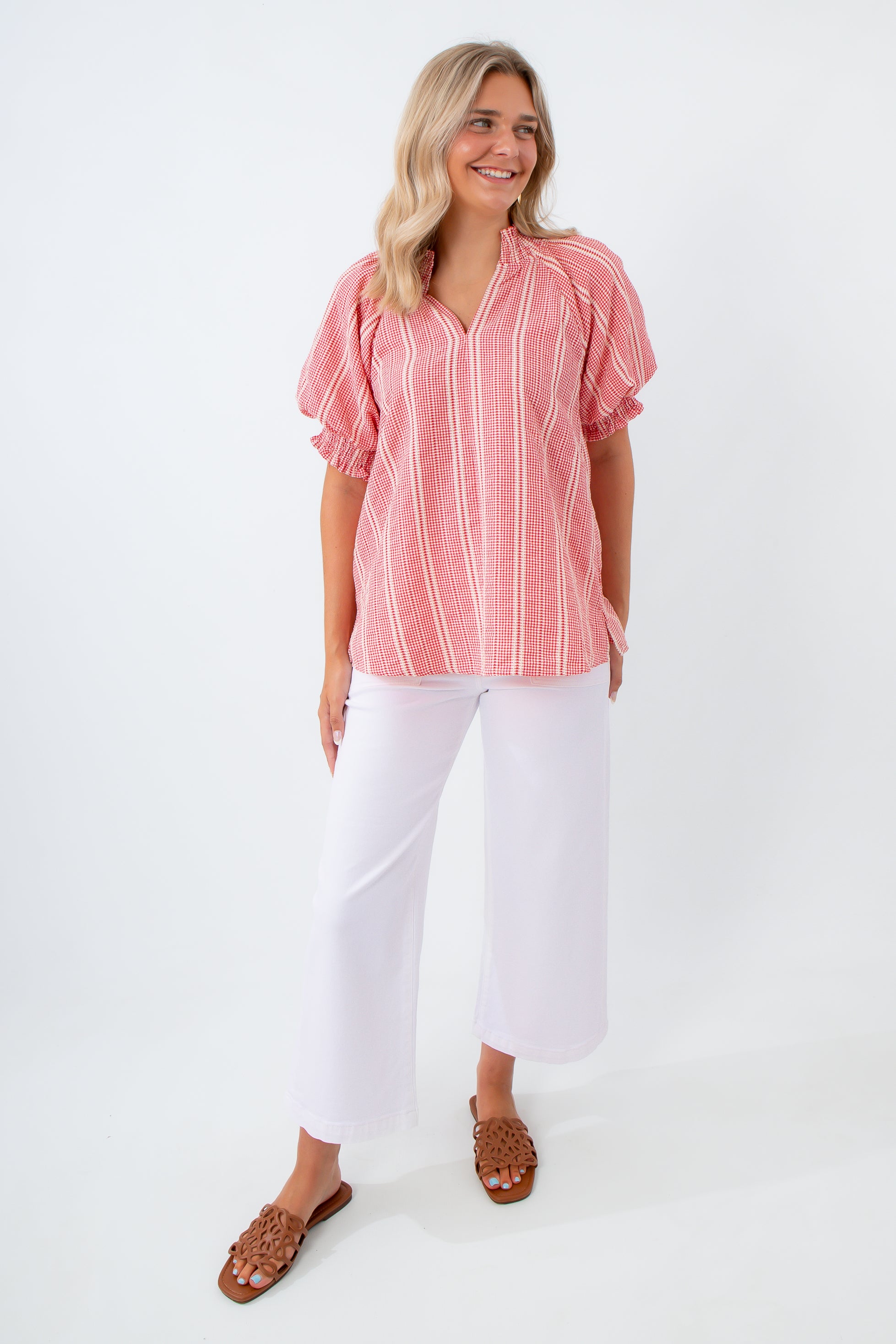 red gingham blouse also available in green for 4th of july