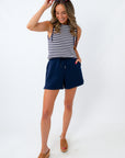 navy and white tie shoulder knit sweater top for the 4th of july fit detail video