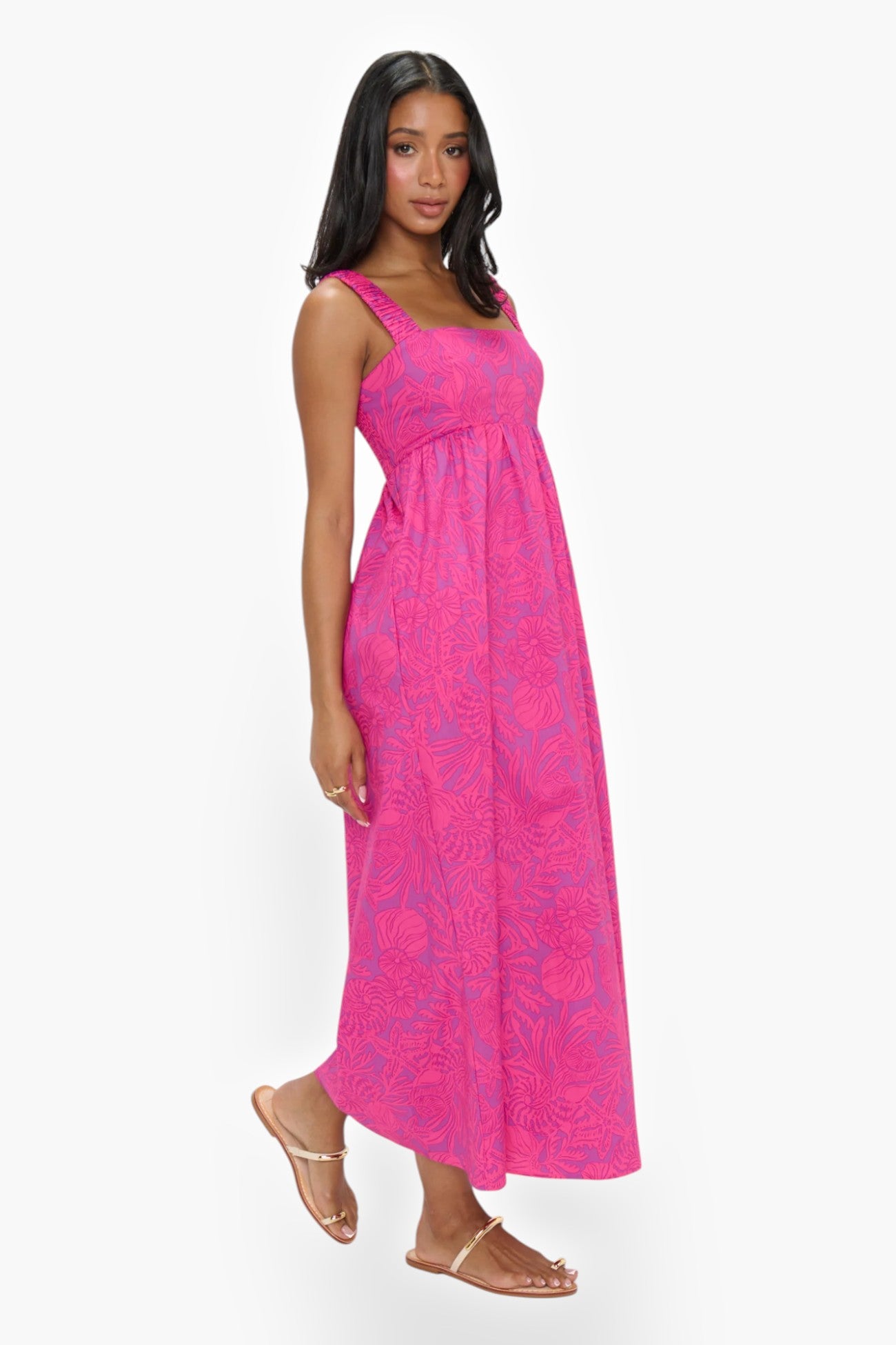 Show Me Your Mumu Pink Shells Fling Midi Dress in vibrant pink with a tropical print, featuring elastic straps and a flowy silhouette for a breezy summer look.