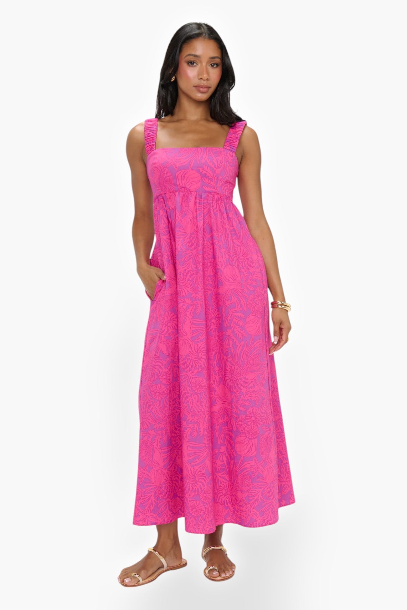 Flirty and fun Show Me Your Mumu Pink Shells Fling Midi Dress with a smocked back, square neckline, and side pockets, perfect for resort vacations and beach days.