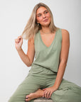 Z Supply Avocado Sloane V-Neck Cotton Jersey Top – Lightweight Tank in soft green with relaxed fit, styled with matching lounge pants.