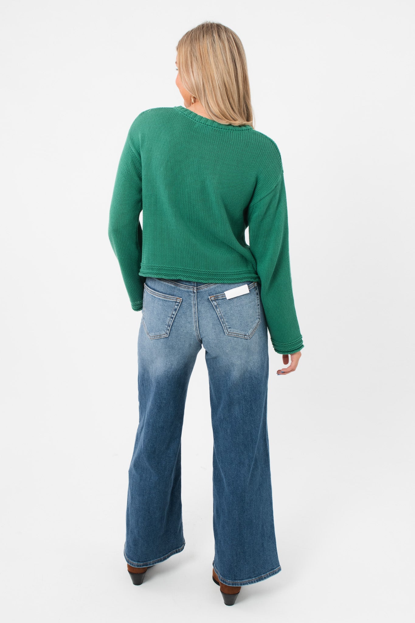 Back view of Z Supply Botanical Green Emerson Sweater showcasing relaxed fit and lightweight knit, ideal for layering in warm weather.