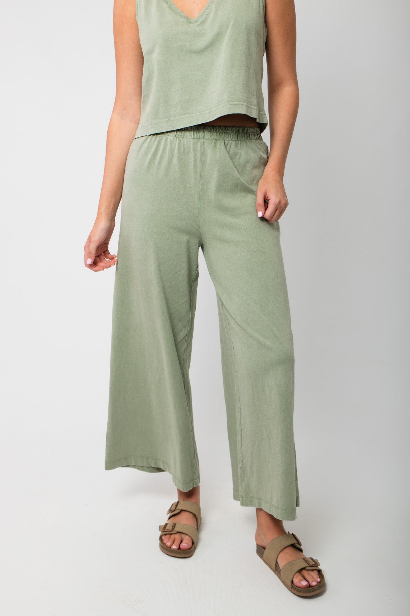 Z Supply Avocado Scout Jersey Pant in soft green cotton with relaxed wide-leg fit and high-rise elastic waistband, ideal for casual wear.