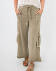 Cactus Blossom Studded Wide Leg Pants – Smokey Sage with braided drawstring waist, front pockets, and boho-style side pouch detailing.