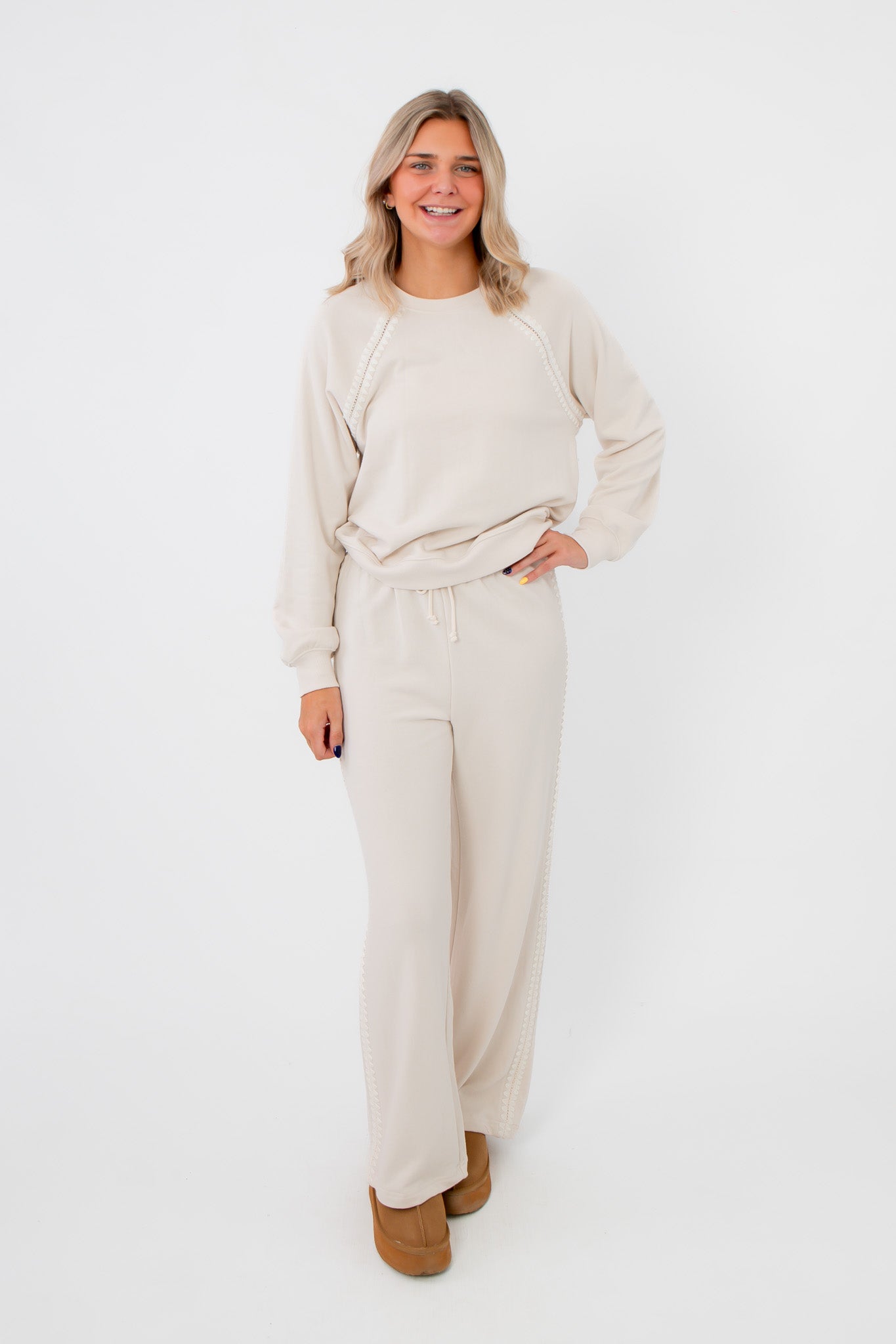 Full outfit view of Z Supply Crystal All Around Sweatshirt paired with matching lounge pants, cozy cream set ideal for casual wear.
