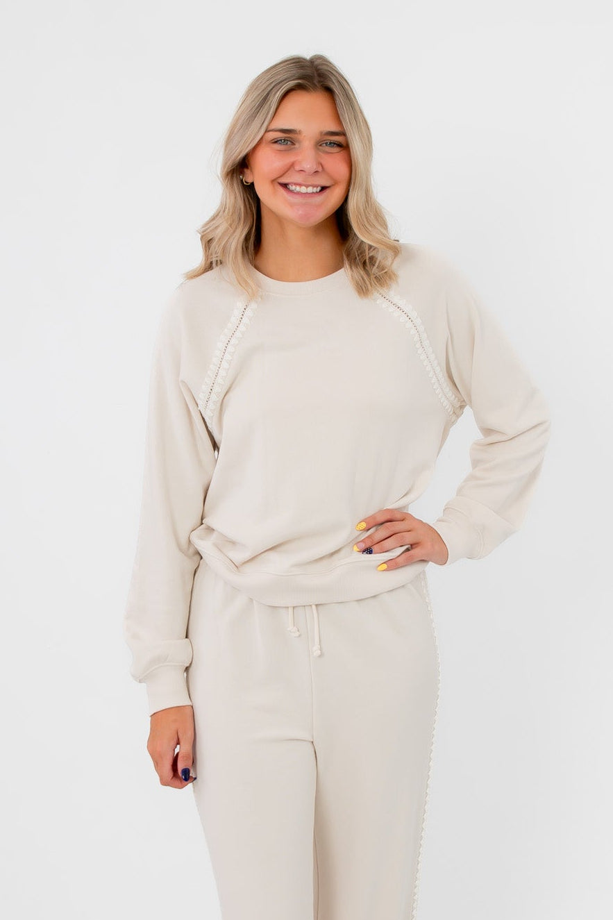 Z Supply Crystal All Around Sweatshirt in cream with pearl trim detail, lightweight pullover top for women with relaxed fit and long sleeves.