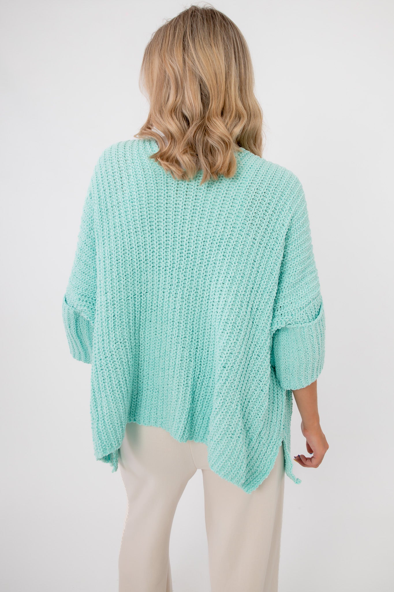 Back view of Mint Sorbet Chenille Slouch Cardigan featuring a loose, slouchy fit and soft chenille fabric perfect for casual outerwear.