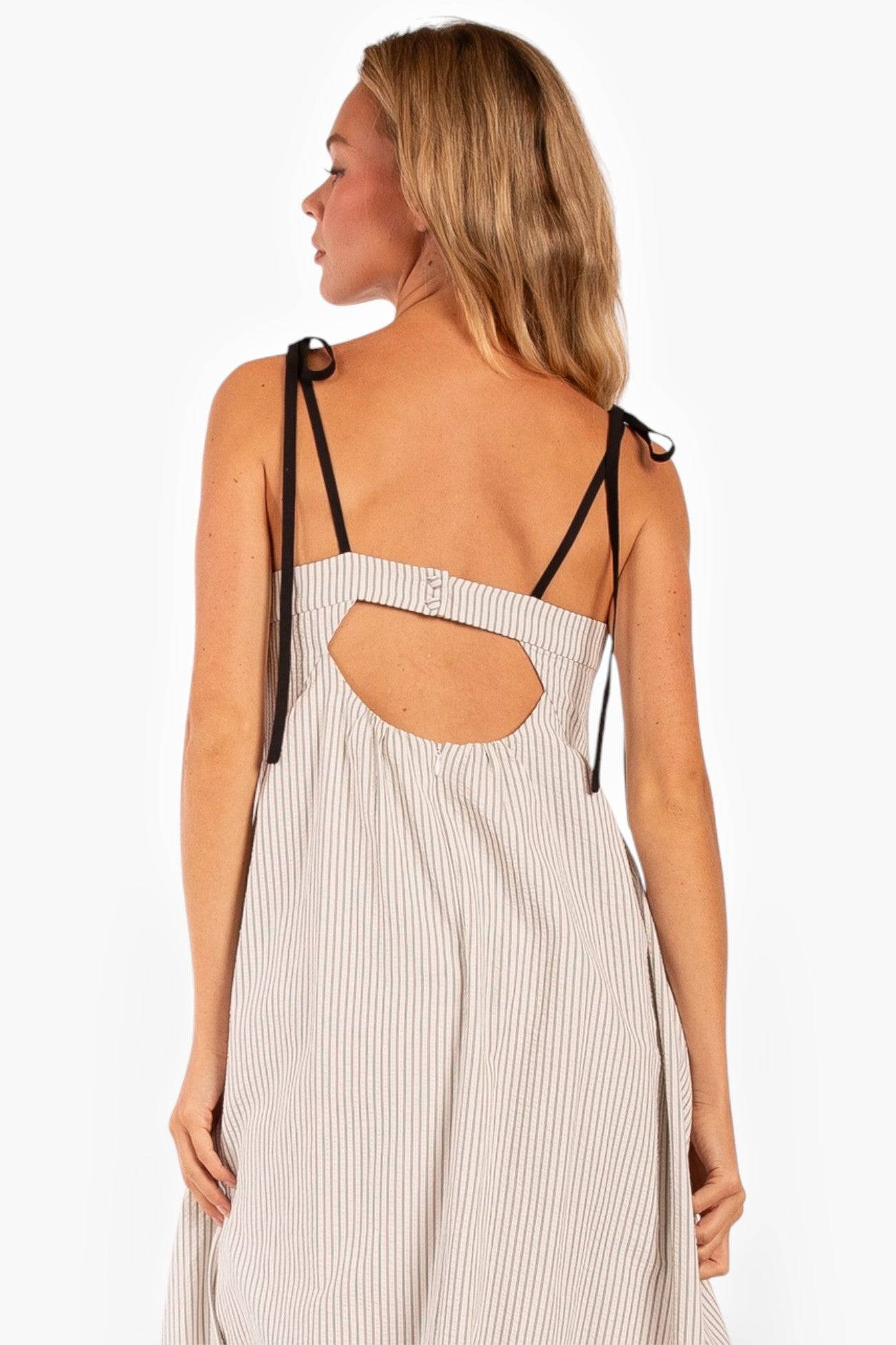 Back view of Shoreline Striped Maxi Dress showcasing an open-back design with button closure and black tie straps for an adjustable fit.