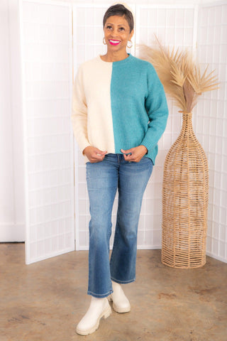 Gracie Pin Ivory & Teal Color Block Sweater-Pinch-L. Mae Boutique