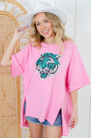 Bubble Gum Pink Tiger Sequined Tee-Fantastic Fawn-L. Mae Boutique