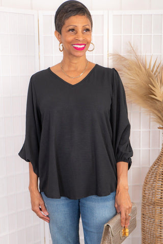 Giving Your All Black V Neck Balloon Sleeve Top-Tres Bien-L. Mae Boutique