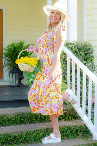 THML Darron Floral Smocked Tiered Midi Dress-THML-L. Mae Boutique