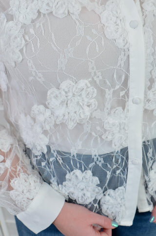 White Floral Mesh Button Up Top-Entro-L. Mae Boutique