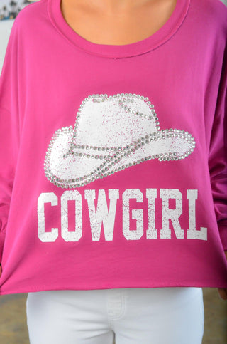 Hot Pink "Cowgirl" Rhinestone Cropped Sweatshirt-Peach Love California-L. Mae Boutique
